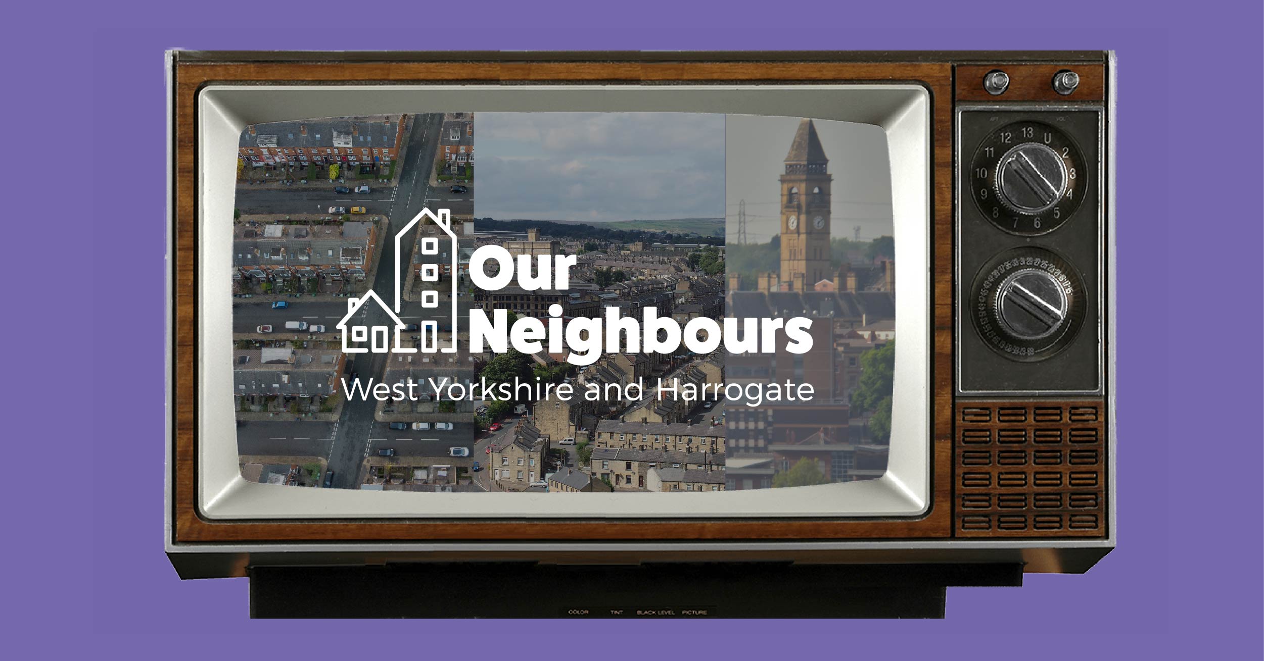 Our neighbours logo overlaid on retro TV