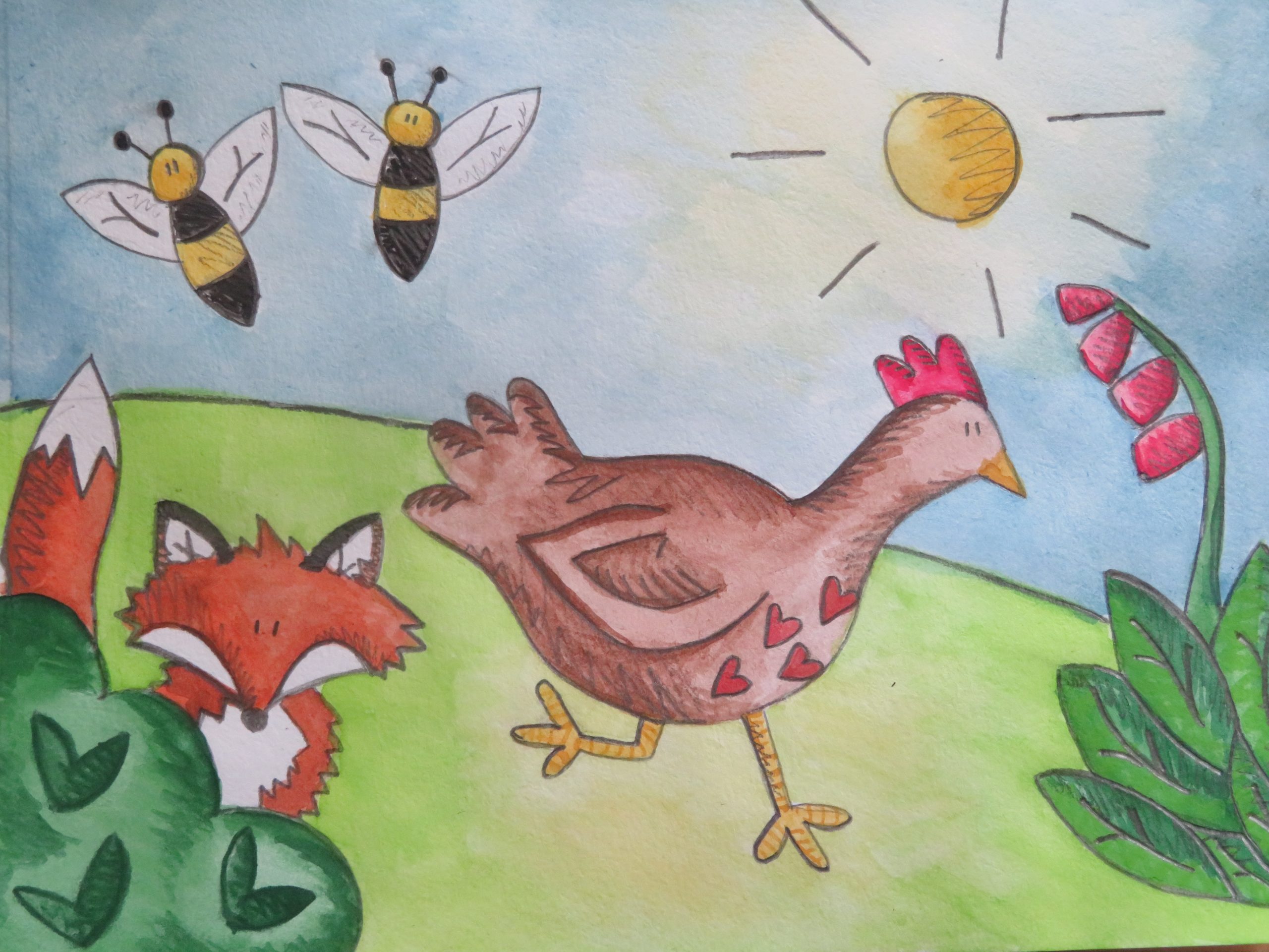image drawn in pencil crayon of a chicken running on grass on a sunny day, bees, flowers and a fox are there too