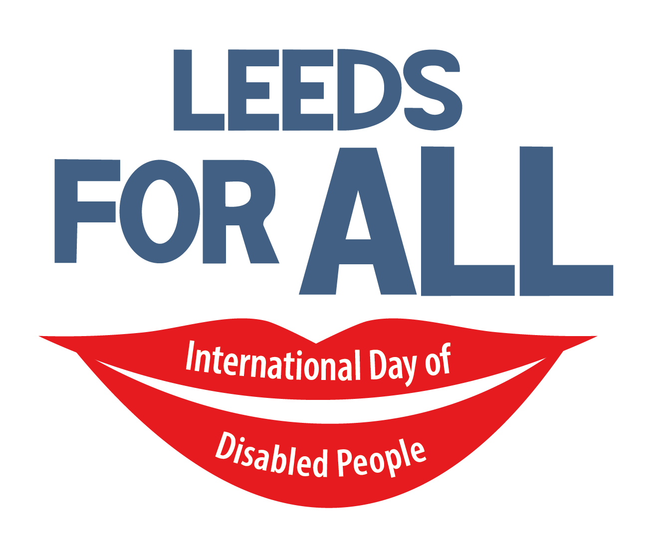 Fun Leeds for All logo which has simple graphic of big red lips which have the words International Day of Disabled People in