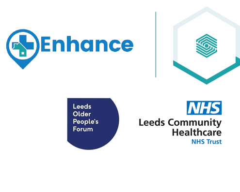 Enhance logo and Forum Central coloured hexagon in Enhance colourway #049c9c Partner logos: LOPF and NHS Leeds Community Healthcare.
