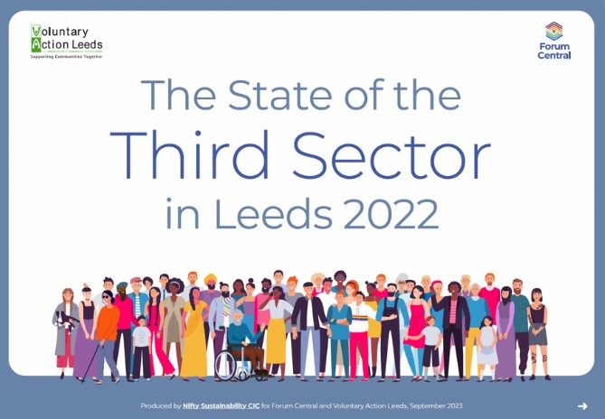 Image is the title page of the 2022 State of the Third Sector In Leeds report. There are logos from Forum Central and Voluntary Action Leeds in either corner. There is an animated drawing of lots of people stood together at the bottom of the image.