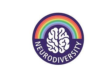 Neurodiversity logo shows a brain in a purple circle with a rainbow above it and the word neurodiversity written underneath.