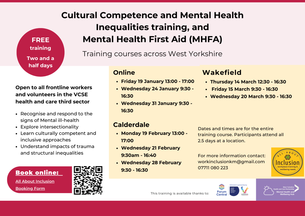 poster advertising the cultural competency and mental health inequalities training and mental health first aid training run by all about inclusion