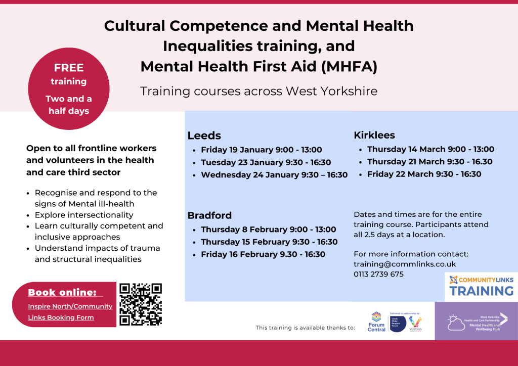 poster advertising the cultural competency and mental health inequalities training and mental health first aid training run by community links