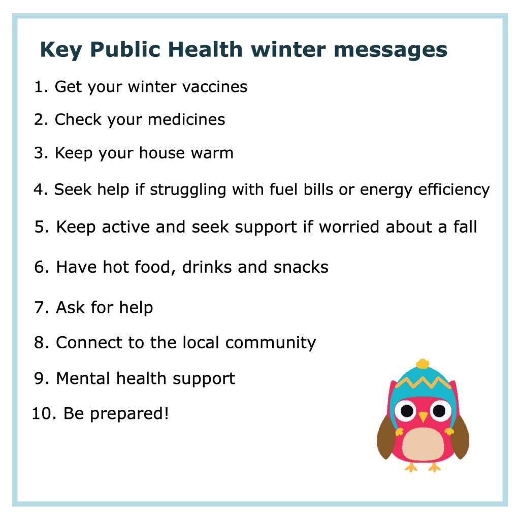 graphic showing 10 key public health winter messages and an owl icon.