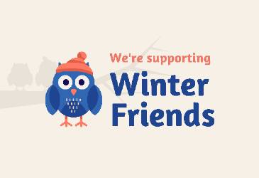 Logo for Winter Friends. There is an animated owl wearing a wooly hat next to the wording "We're supporting Winter Friends".
