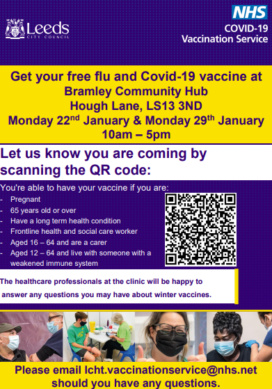 Image is the poster for the Bramley Community Hub vaccine drop-ins. The text in the poster is contained in the post.