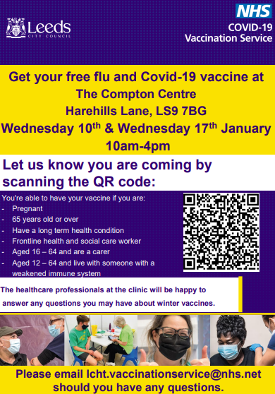 Image is the poster for the Compton Centre vaccine drop-ins. The text in the poster is contained in the post.