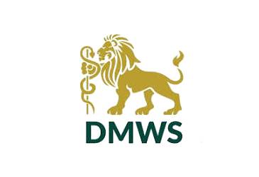 This is the logo for the Defence Medical Welfare Service (DMWS). There is a golden lion holding a staff with a snake wrapped around it.