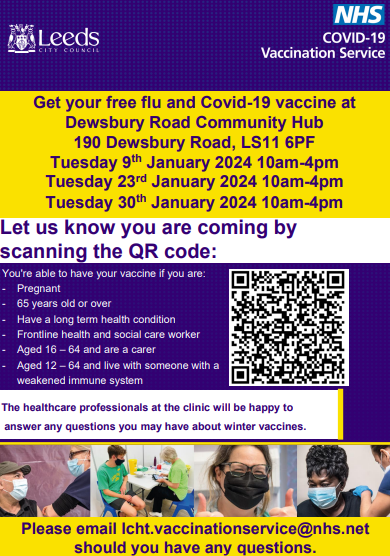 Image is the poster for the Dewsbury Road vaccine drop-ins. The text in the poster is contained in the post.