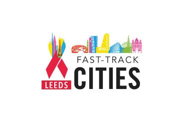 Logo for Leeds Fast Track Cities. On the left is a red ribbon with the word Leeds underneath it. Above the words Fast Track Cities, are drawings of iconic Leeds buildings like Leeds Arena, Leeds Town Hall and Bridgewater Place.