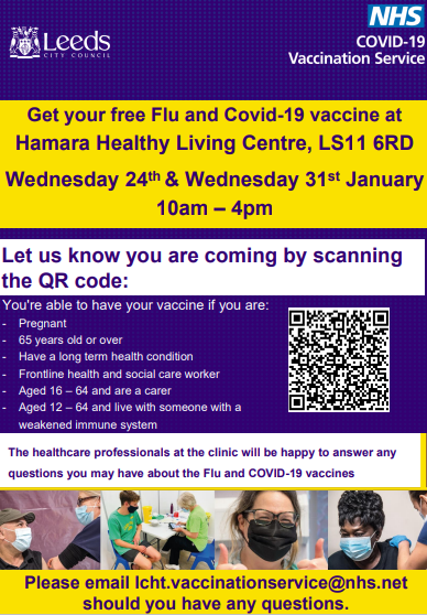 Image is the poster for the Hamara Healthy Living Centre vaccine drop-ins. The text in the poster is contained in the post.