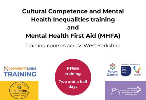 graphic for the cultural competency and mental health inequalities training and mental health first aid training