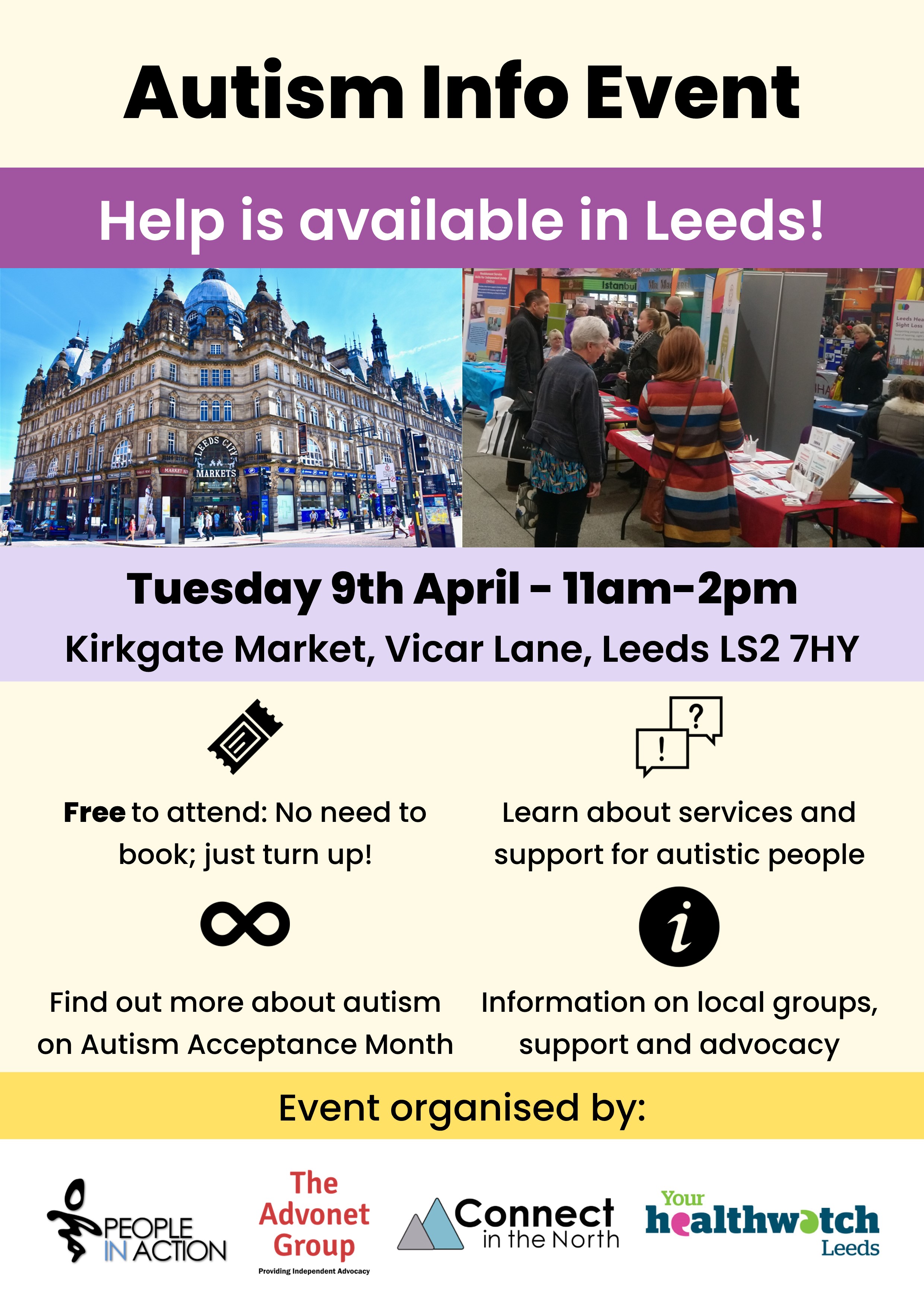 Poster for the autism info event at Leeds Kirkgate Market. All the information in the poster is included in the post. There is an image of people stood at stalls and an image of the front of Leeds Kirkgate Market.