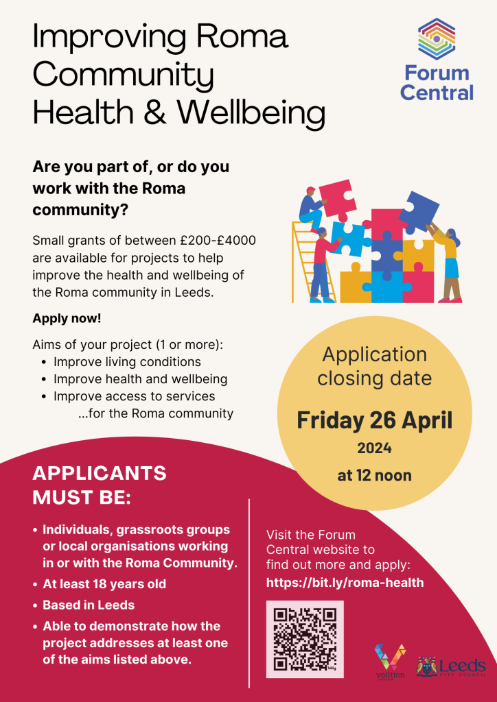 poster for the roma community health and wellbing small grants. All the information on the poster is in the post