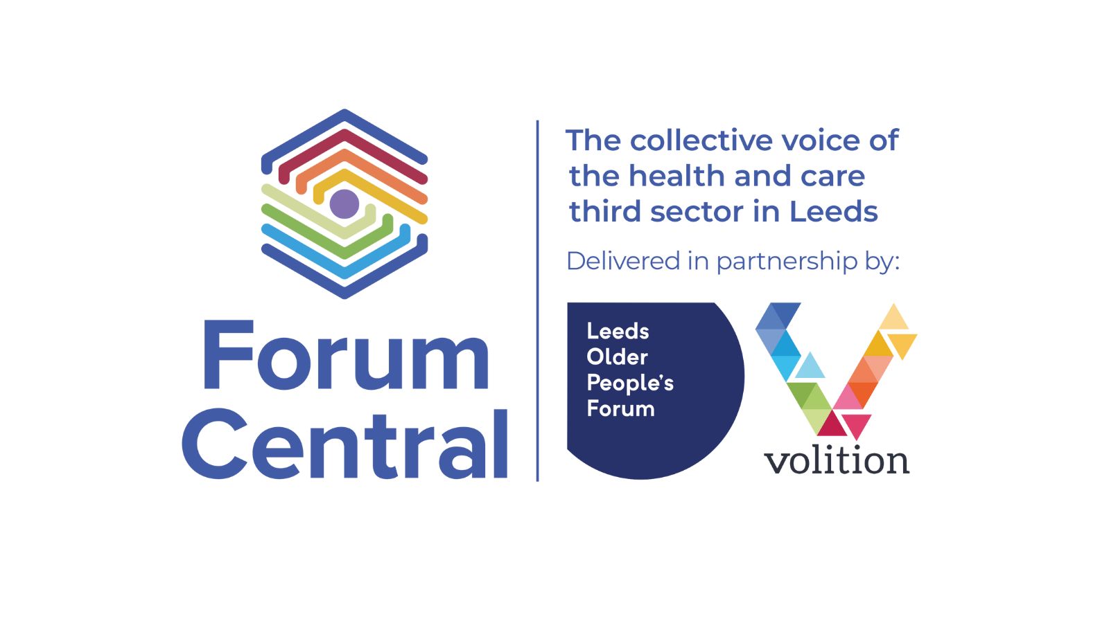 Forum Central partnership logo. The collective voice of the health and care third sector in leeds. Delivered in partnership by Leeds Older People's Forum and Volition