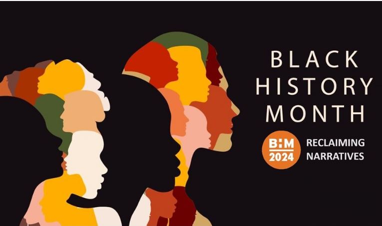 illustration of people's faces as silhouettes filled with block colours of greens, reds, yellows on a black background with the black history month 2024 logo