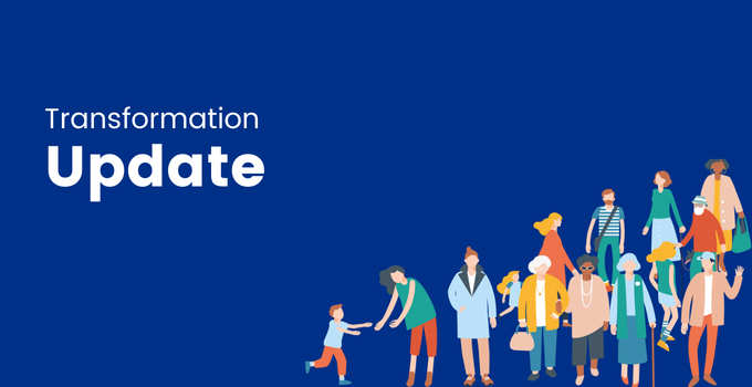 transformation newsletter header with illustration of a variety of people on a royal blue background