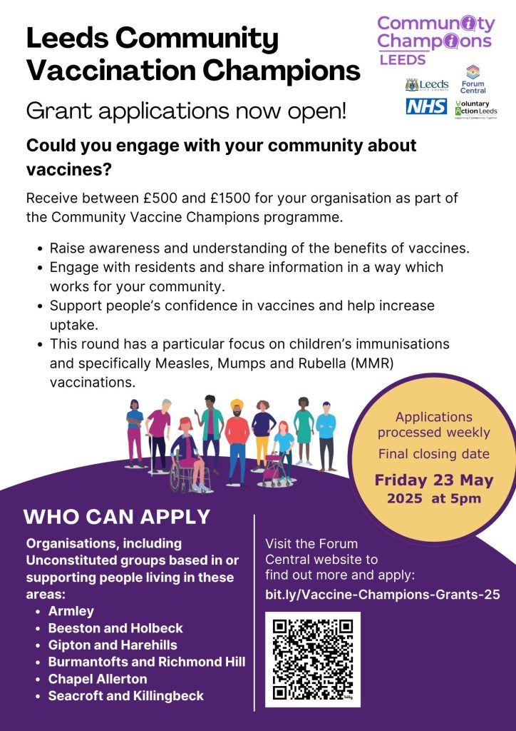 flyer advertising the community vaccine champions grants for organisations and community groups.