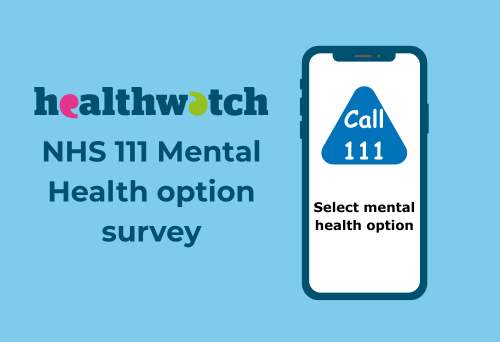 Image shows a phone screen with the nhs 111 option and the healthwatch logo advertising the NHS 111 Mental Health option survey