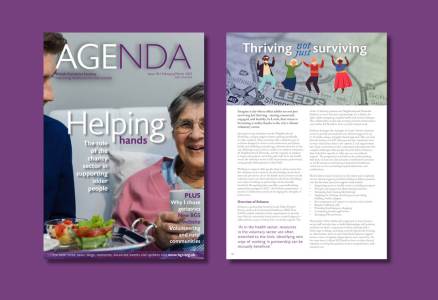 Image shows front page of AGENDA and the first page of the Thriving not just surviving article