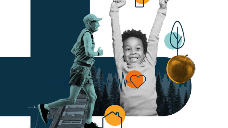 leeds best city ambition illustration with older man running and young boy with his arms outstretched.