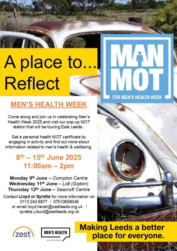 Flyer for Men's MOT pop ups. Text in post.
