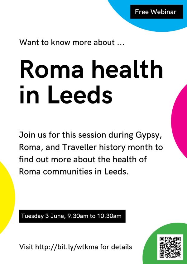 Flyer advertising Roma health in Leeds webinar. Text in post.