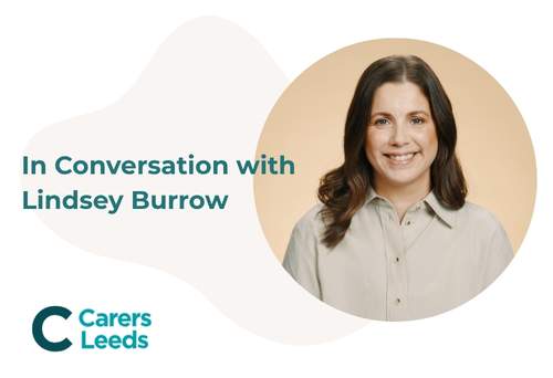 In conversation with Lyndsey Burrow Photo of Lyndsey and Carers Leeds logo