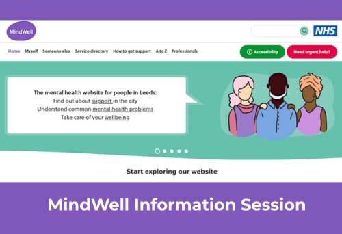 Image shows the Mindwell website page and text reads 'Mindwell information session'