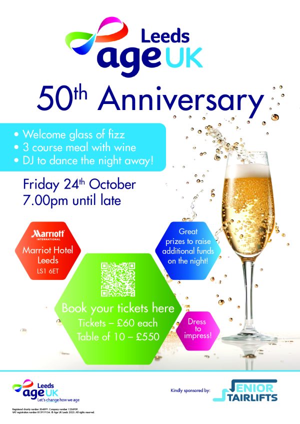 Flyer for Age UK Anniversary dinner. Text in post