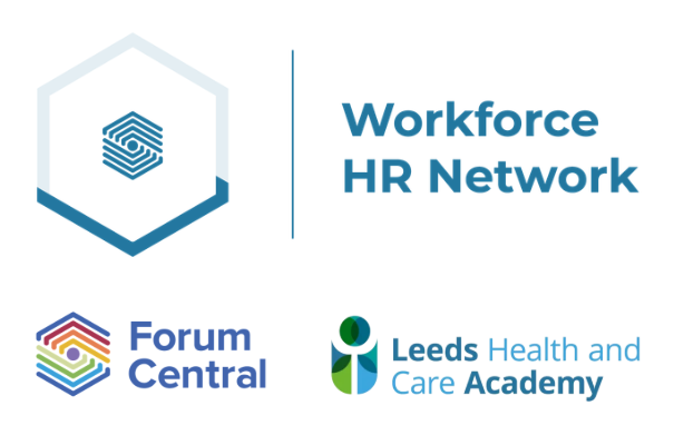 workforce HR network logo with forum central logo and leeds health and care academy logo.